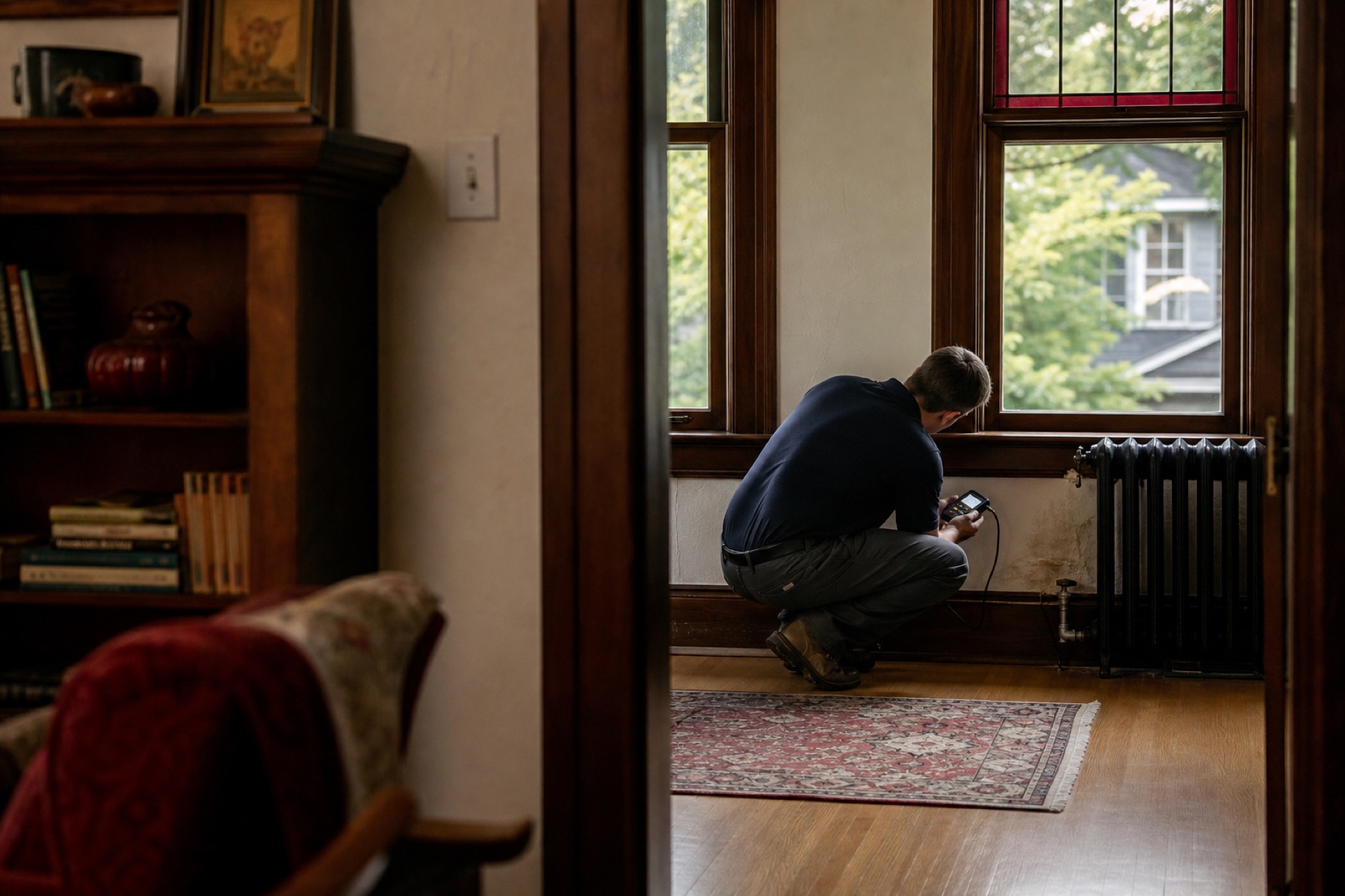 Water-damage technician assessing moisture inside an Ann Arbor home